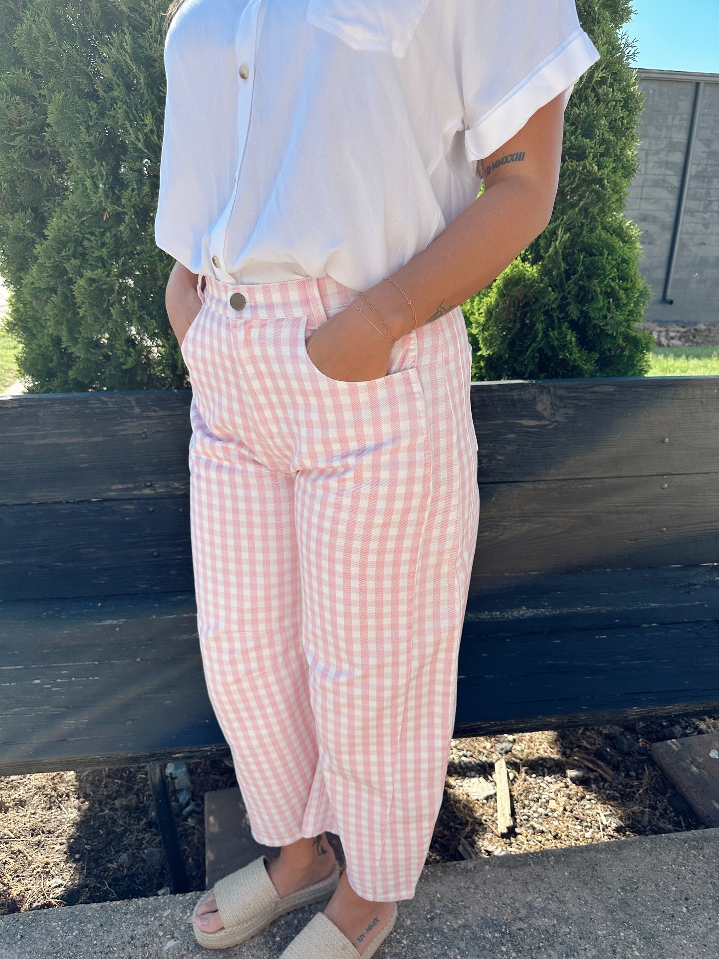Pink Porch Gingham Barrel Jeans