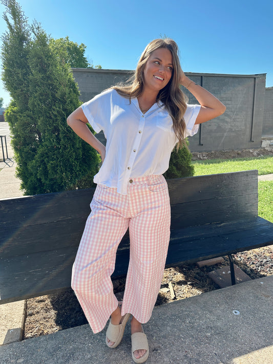 Pink Porch Gingham Barrel Jeans