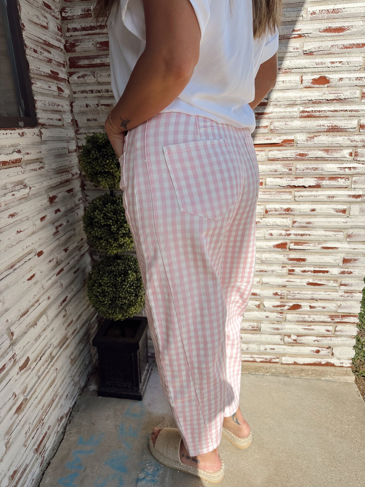 Pink Porch Gingham Barrel Jeans