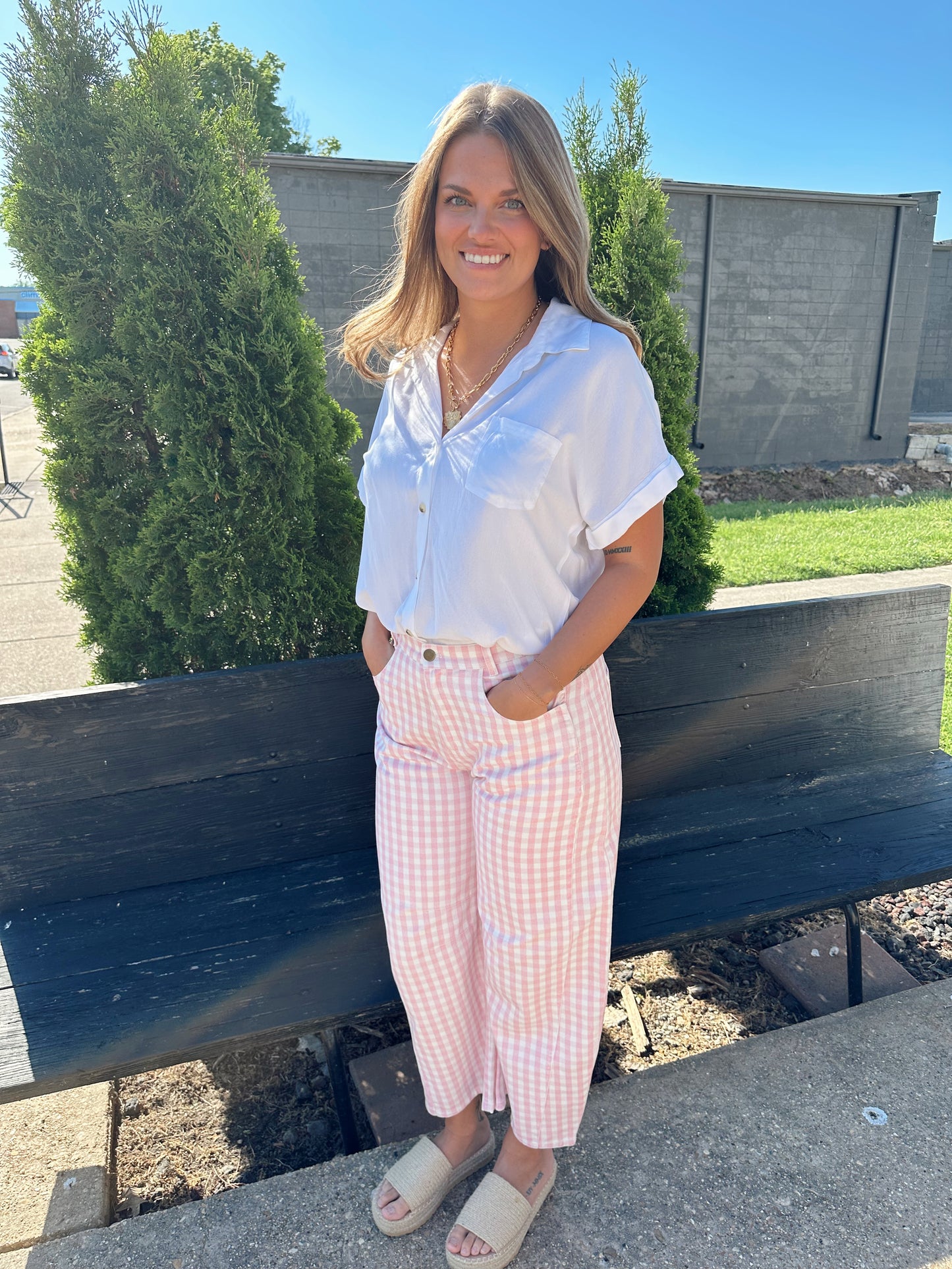 Pink Porch Gingham Barrel Jeans